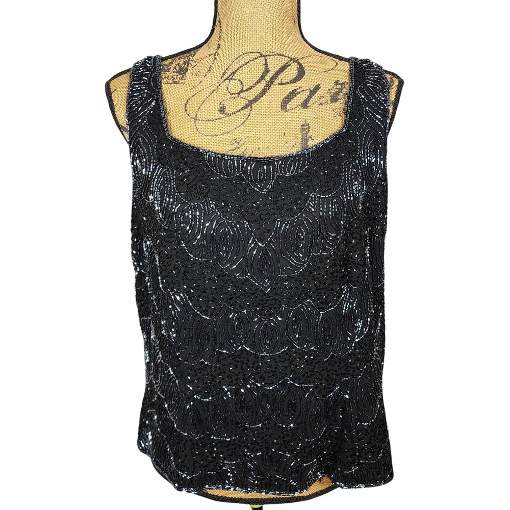 DRESSBARN Size 14 Fully Beaded Sleeveless Cocktail Party Square Neck Tank Blouse